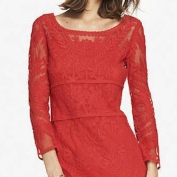EXPRESS size XS Cherry Red Long Sleeve Crochet Lace Mini Dress NWT - Picture 2 of 7